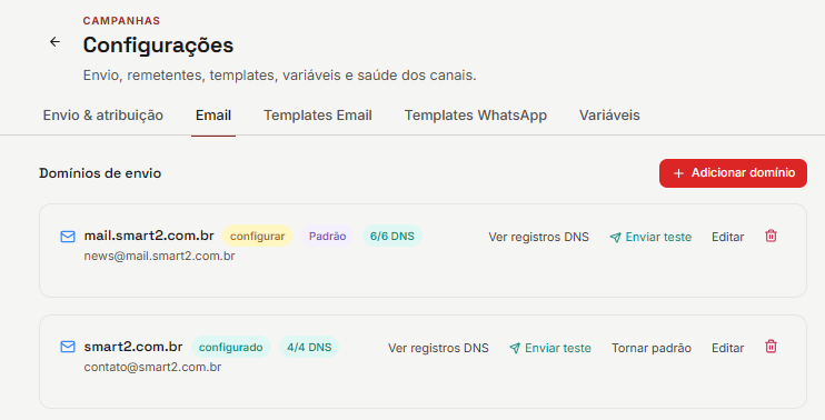 Tela de domínios de envio de e-mail no app.smart: dois domínios da Smart², um com os registros de DNS configurados e outro aguardando configuração, com botões de ver registros e enviar teste