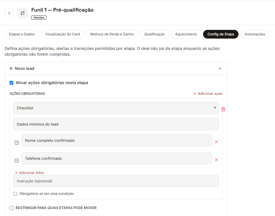 Configuração de etapa no funil do app.smart, em conta de teste: na aba Config de Etapa, a etapa Novo lead tem ações obrigatórias ativadas, com um checklist de dados mínimos do lead, nome completo confirmado e telefone confirmado