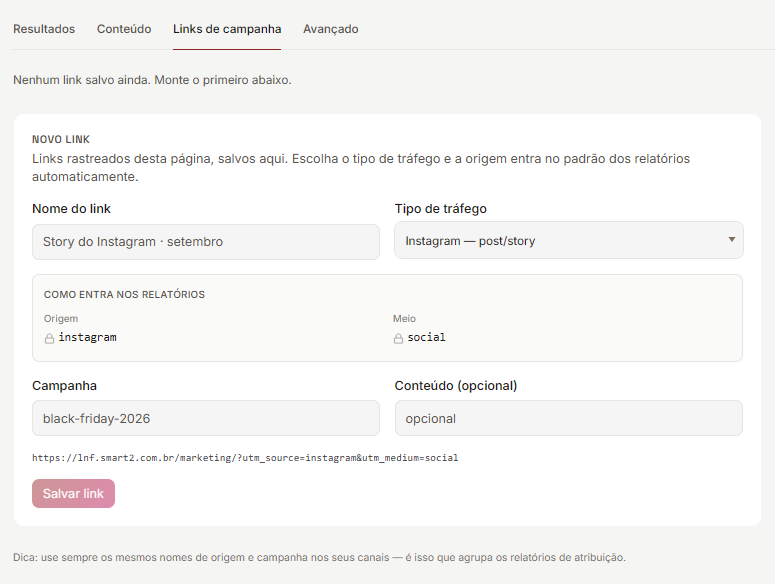 Links de campanha no app.smart: o bloco Novo link preenchido com nome do link, tipo de tráfego e campanha, e o link final com UTM aparecendo embaixo