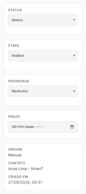 Tickets: menu lateral Atendimento › Tickets › botão + no canto direito da barra do quadro: a janela Novo ticket aberta, com Assunto preenchido, Funil, Etapa, Prioridade, Categoria, Prazo (opcional), a busca de Contato (opcional), Descrição e os botões Cancelar e Criar ticket